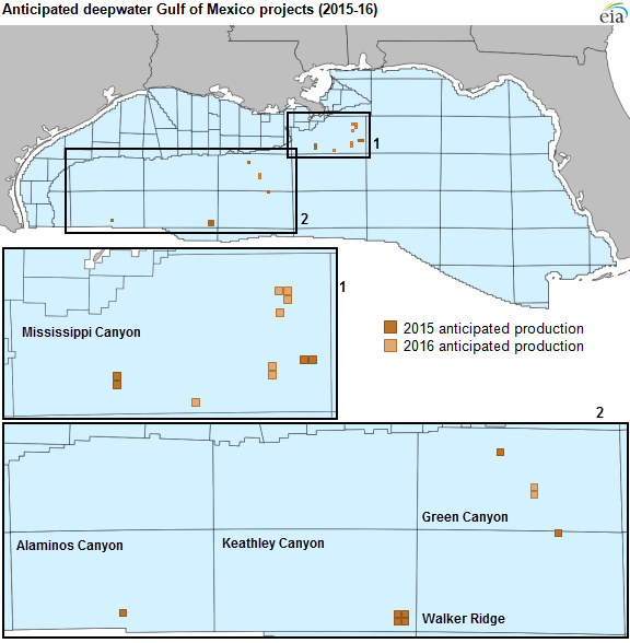 Прогнозируемые глубоководные проекты Мексиканского залива, 2015-2016